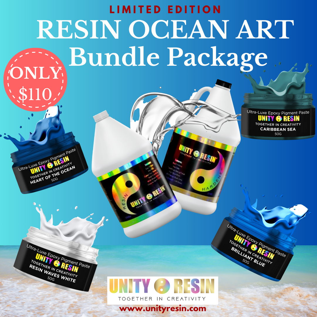 SPECIAL LIMITED EDITION Resin Ocean Art Bundle Package! -Includes 1 Gallon Kit of Unity Resin Premium Artist Epoxy & 4 Ultra Luxe Pigments
